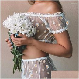 Dames nachtkleding dames pure mesh lingerie kledingset 2-delige kanten bloemen madeliefje bardot ondergoed voor paars / groen / zwart drop deli