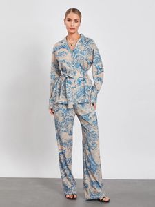 Vêtements de sommeil pour femmes Pyjama Flets Floral Imprime à manches longues Shirt et pantalon pant