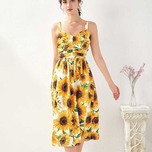 Dames mouwloze jurk dames bloemen print alles party midi dames zonnebloem sling Laatste mode 210529