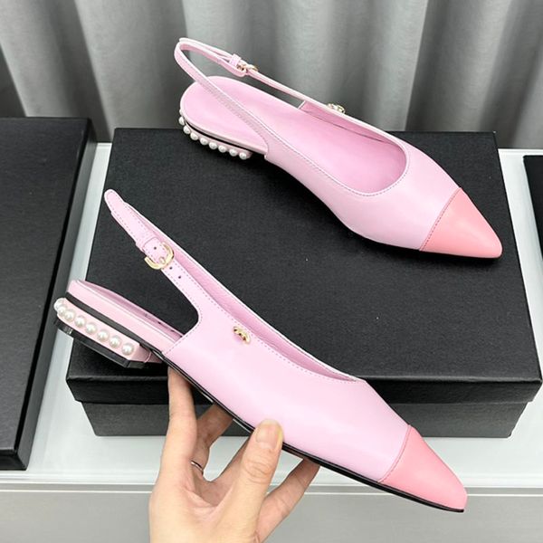 Sandalias Slingbacks para mujer Zapatos de vestir de diseñador Slip On Classic Pink Black White Zapatos de cadena con punta en punta Tacones bajos con perlas Zapato de boda con hebilla ajustable y bolsa para el polvo