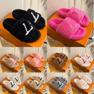 Zapatillas para mujer Diapositivas de lana Piel de invierno Mullido Peludo Letras cálidas Sandalias Cómodo Fuzzy Hoja de hierro triangular invertida Chanclas para niña Zapatilla