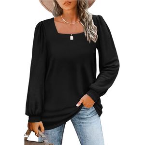 Dames soilde tuniek tops voor leggings vierkante nek puff mouw t shirt vrouwelijk vintage casual oversized tops