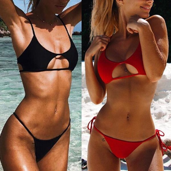 Femmes Solid Bandage Creux Out Split Bikini Femme Push-Up Maillot De Bain Maillot De Bain Maillots De Bain Baigneur Costume LJ200824