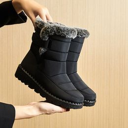 Femmes couleur unie bottes de neige chaud cheville peluches crochet boucle conception hiver imperméable femmes bottes chaussures décontractées