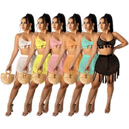 Womens Solid Color Swimwear Mode Trend Gebreide Mesh Sling Bras Briefs Rokken Zwempakken Designer Zomer Vrouwelijke Casual Beach Bikini 2pcs Sets