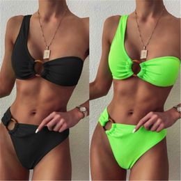 Womens Solid Colors Bikinis Badmode Mode Trend Verzameling Bras Slips Split Badpak Zomer Vrouwelijke One Shoulder Beach Bikini Sets