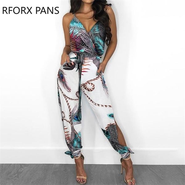 Femmes Spaghetti Strap Mixed Print Slit Leg Jumpsuit Sexy Sexy Jumpsuit T200509