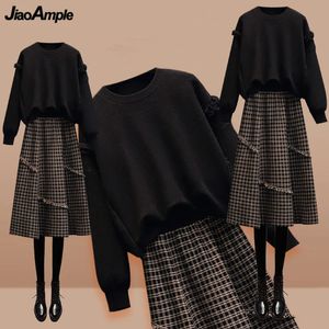 Dames lente herfst vintage chique trui geruite rokken 1 of tweedelige jurk set Lady Casaul zwarte gebreide trui Aline rok 240323