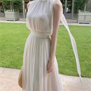 Femmes printemps et été Style doux élégant jupe longue col haut sans manches mode robe Sexy 220615