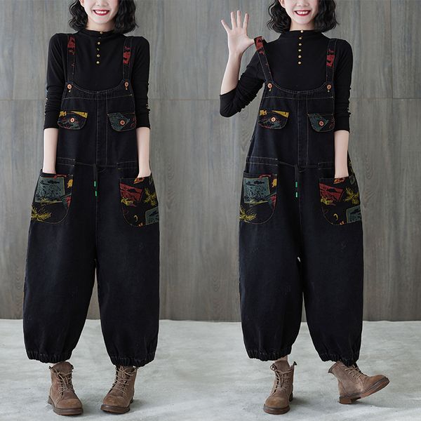 Femmes printemps automne Harajuku Denim combinaison noir salopette Streetwear Vintage imprimé femme ample Hip Hop barboteuses Monos