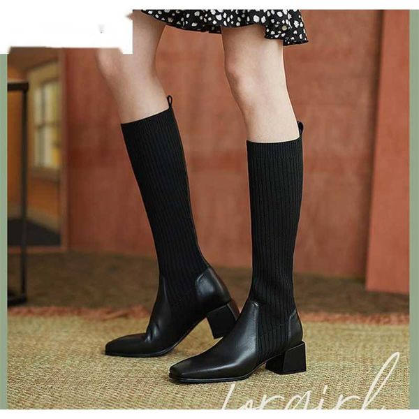 Femmes printemps chaussettes bottes filles élastique rétro tricoté longs talons carrés minces haute qualité en cuir de vache Tube chaussures 230922