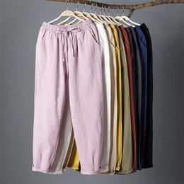 Pantalones de primavera para mujer Pantalones de verano Algodón Lino Sólido Elástico Cintura Harem Pantalones Soft Thin Female Ladys Pantalones S-XXL 211112