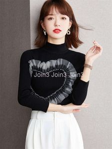 Gauze debout pour femmes Love Heart motif en tricot noir pull de couleur noire Smlxl