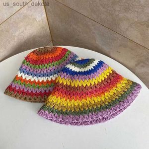 Womens Str Hat Rainbow Crochet hecho a mano Panamas UV Protection Sun Visor Beach Hats Mujeres Viseras plegable Summer Sun Hat L230523