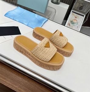 Dames stro gras pantoffels hoge hakken dik platform zomer strand bruin designer schoenen dames luxe designer gehaakte vintage casual vintage schoen