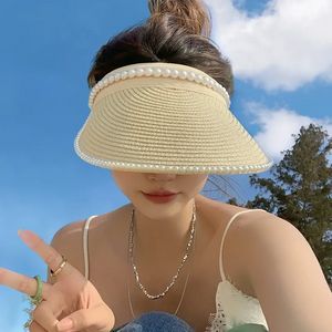 Dames stro parel zon vizier hoed zomers schaduw hoeden meisje vrouw brede rand lady strand vizieren sunhat voor vrouwen