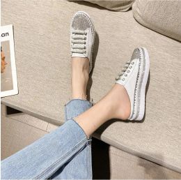 dames student meisjes pailletten zilver witte schoenen waterboor dikke zool 4CM hoge studenten slip op flats loafers kunnen groot formaat 41 42 maken