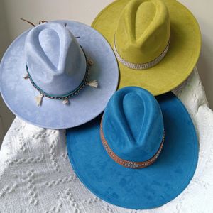 Sombrero Fedora de ala ancha de ante para mujer, Sombrero clásico de jazz de fieltro de otoño e invierno para hombre, 10cm de ancho, 240219