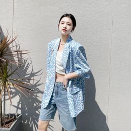 Dames pakken blazer vrouwen korte mouwen pak jas trendy ins lente zomer 2022 dunne Koreaanse losse blauwe print gebakken straat