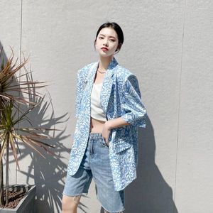 Costumes de femmes Blazer Femmes à manches courtes Veste de costume tendance printemps été 2022 mince coréen lâche bleu imprimé frite