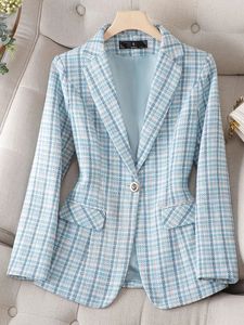 Damespakken Blazers Aankomst Kantoor Dames Blazer Formeel jasje Dames Lange mouw Blauw Abrikoos Plaid Vrouwelijke zakelijke werkkleding Slanke jas 231009