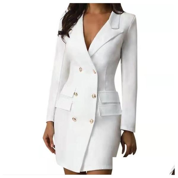 Trajes de mujer Blazers Fashion Fashion Wear Office Ladies Elegant Classic Blanco Blanco en V cuello de doble pecho Ropa blazer belleza Dhmbf