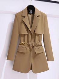 Damenanzüge-Blazer, Herbst-Winter-Blazer für Frauen, einzelne Knöpfe, braune oder schwarze Farbe, lässiger Mantel, Oberbekleidung mit Gürtel, koreanische Modejacke 231115