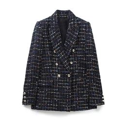 Trajes para mujer Blazers otoño mujer Vintage cuello con muescas cinta colorida a cuadros Tweed chaqueta de lana abrigo mujer prendas de vestir exteriores Chic Veste Tops 231129