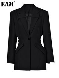 Abiti da donna Blazer Miscele EAM Vita nera Scava fuori giacca sagomata Donna Taglie grandi Casual Risvolto Giacca a maniche lunghe Moda Primavera Autunno 1DE2566 230906