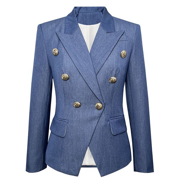 Femmes costumes Blazers bleu profond Imitation Denim motif foncé tissu coupe ajustée Double boutonnage costume manteau 231123