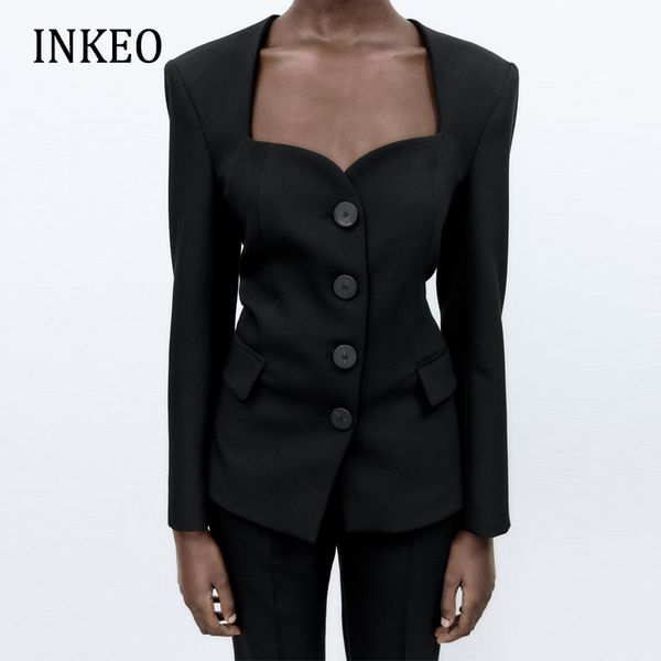 Femmes Costumes Blazers Élégant Slim Blazer veste Femmes Noir est Sexy Femme Décolleté En Coeur Manteau Bureau dame costume Coréen INKEO 2O361 230320