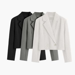 Dameskostuums Blazers Mode Dames Elegante korte blazer Casual kantoorwerk Vintage Effen kleur Lange mouwen Gekerfde kraag Dubbele rij knopen 230208