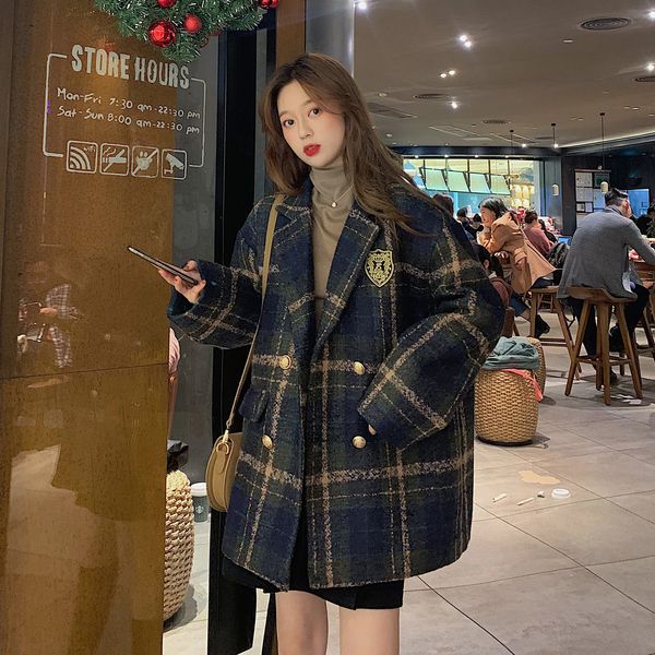 Costumes pour femmes Blazers Mode Femmes Preppy Style Oversize Plaid Costume Manteau De Laine Lâche Longue Dames Pardessus Casual Femme Veste 231129