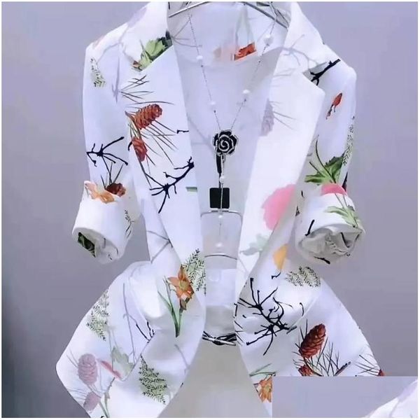 Costumes pour femmes Blazers Floral Print Sunsn Slim Cardigan Mince pour femmes Manteau Élégant Trois Quarts Bureau Lady Automne Veste Drop Deliver Dhspt