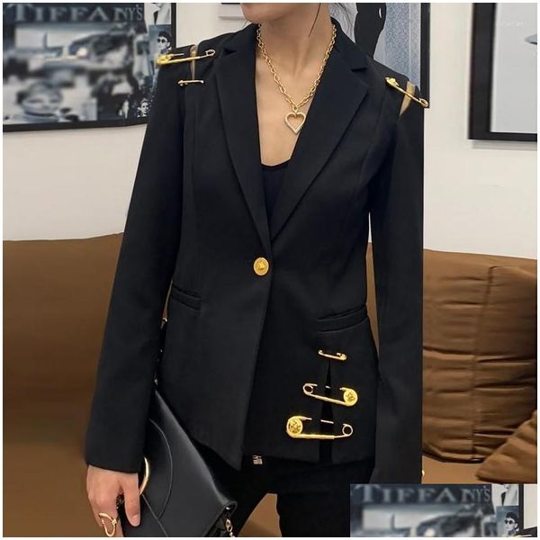 Costumes pour femmes Blazers Creux Out Blazer pour femmes Revers à manches longues Golden Pins Accessoires Split Slim Noir Femelle 2022 Style de mode Dhehb