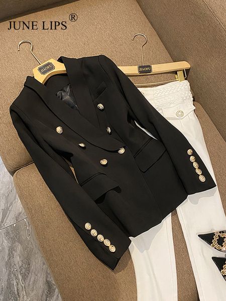 Costumes pour femmes Blazers JUNE LIPS AllMatch Dusty Pink Green Blue Nude Black Blazer Jacket Womens Gold Buttons Double Breasted Blazer XS5XL 230228