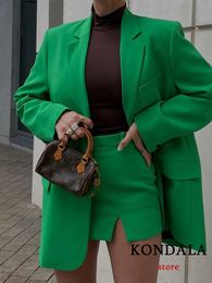 Femmes Costumes Blazers KONDALA Chic Vert Surdimensionné Long Col En V Poches Bureau Lady Mode Vestes Femme Élégant 230209