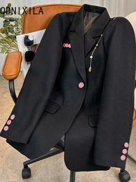 Dameskostuums Blazers Koreaanse modeblazer Dames in bovenkleding Roze knop Temperament Herfst Zwart Top met lange mouwen Casual jasjassen 231206