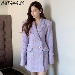 Damespakken Blazers Matakawa Tweed Damesjassen Kwastjes Effen Double Breasted Kantoor Dame Zoete jassen Vintage gekerfd lang Chaqueta Mujer 231129