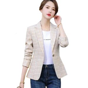 Dames pakken Blazers plaid short blazer jas vrouwen slanke jas lente herfst Koreaanse stijl kleine pak abrikoos 32 230311