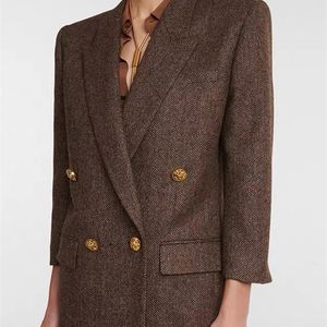 Costumes pour femmes Blazers rétro marron chevrons laine Blazer femmes Double boutonnage boutons en métal coupe ajustée 34 manches classique Streetwear SL9130202P 221115