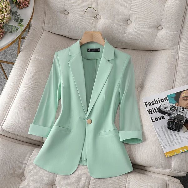 Femmes costumes Blazers mince glace soie mousseline de soie manches Blazer femmes été simple bouton veste 34 manches costume hauts bureau dames manteau blazers mujer 231208