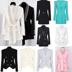 Damespakken Blazers Slanke vorm Designer Damesjassen Zwart Wit Office Outfit Gouden studs met riem Designer Luxe kleding S-XXL