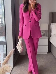 Costumes pour femmes Blazers SLMD printemps mode femmes pantalon Rose poches à bouton unique fermeture éclair jambes larges femme vêtements élégants 230227