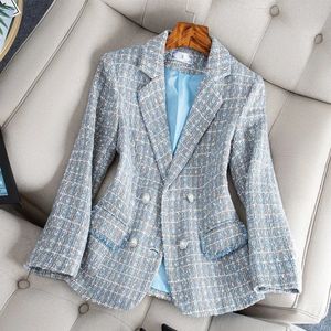 Trajes para mujer Blazers Primavera Otoño Chaqueta de mujer Doublebreasted Lattice Tweed Abrigos de lana Mujer Casual Ropa de abrigo gruesa Traje de mujer 3XL 231206