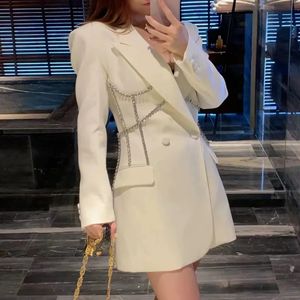 Womens Suits Blazers lente vrouwen luxe strass decoratie blazer Koreaanse stijl midi jasje modieuze taille jurk 231025