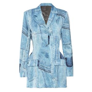 Costumes pour femmes Blazers Superaen 2022 Denim Graffiti imprimé Satin matériel taille exposée cranté bureau dame Blazer veste femmes