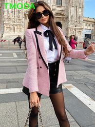 Dameskostuums Blazers T MODA Dames elegante textuur Double Breasted Tweed Blazer met lange mouwen Zakken Jassen Damesmode Streetwear Tops 230904