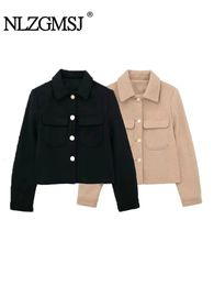 Costumes pour femmes Blazers TRAF automne femmes poche laine mélangée courte Blazer veste manteaux mode simple boutonnage Vintage à manches longues décontracté mince hauts 231206