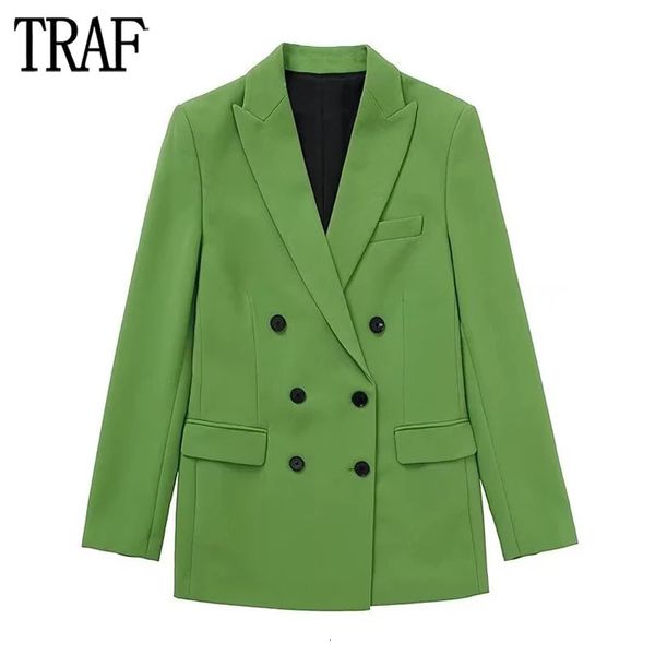 Costumes pour femmes Blazers TRAF vert bureau Blazer pour femmes Double boutonnage Long Blazer femme à manches longues veste femmes Streetwear Womens Blazers 231208